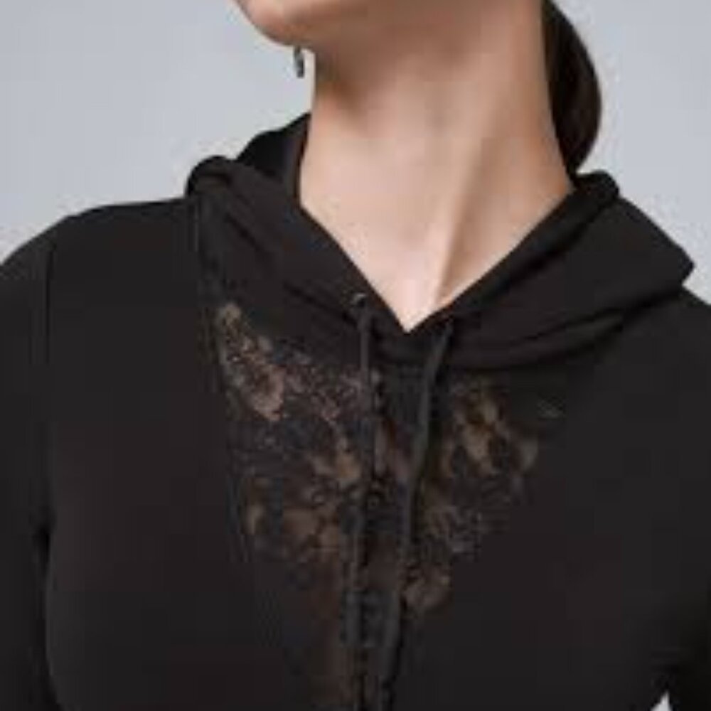 White House Black Market WHBM WKND Lace Inset Black Hoodie - Picture 3 of 10